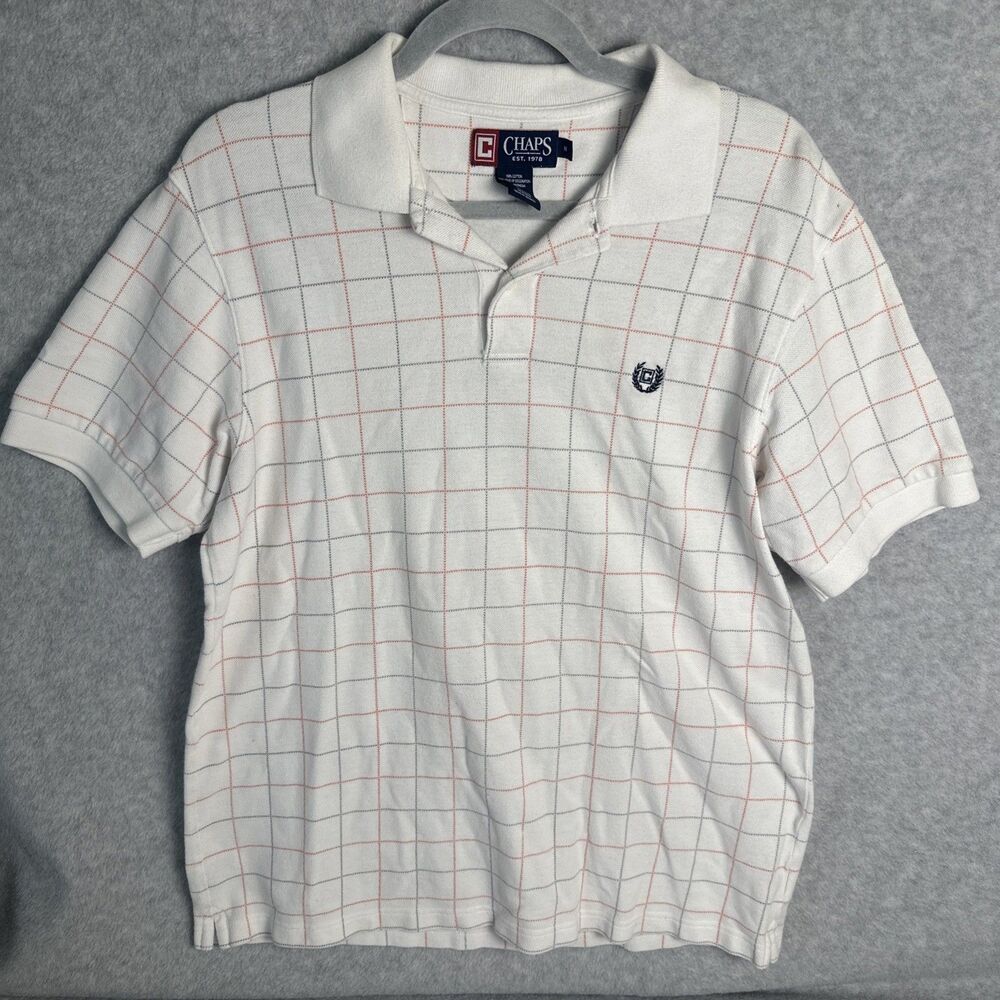 Chaps Men's Polo Golf Shirt Preppy Sz M White Gray Orng Checkered Spring Summer
